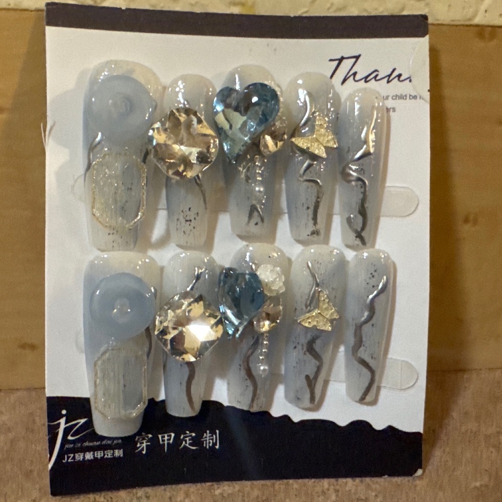 3D Press On Nails Long Coffin Heart Crystal Butterfly Charms 10pc